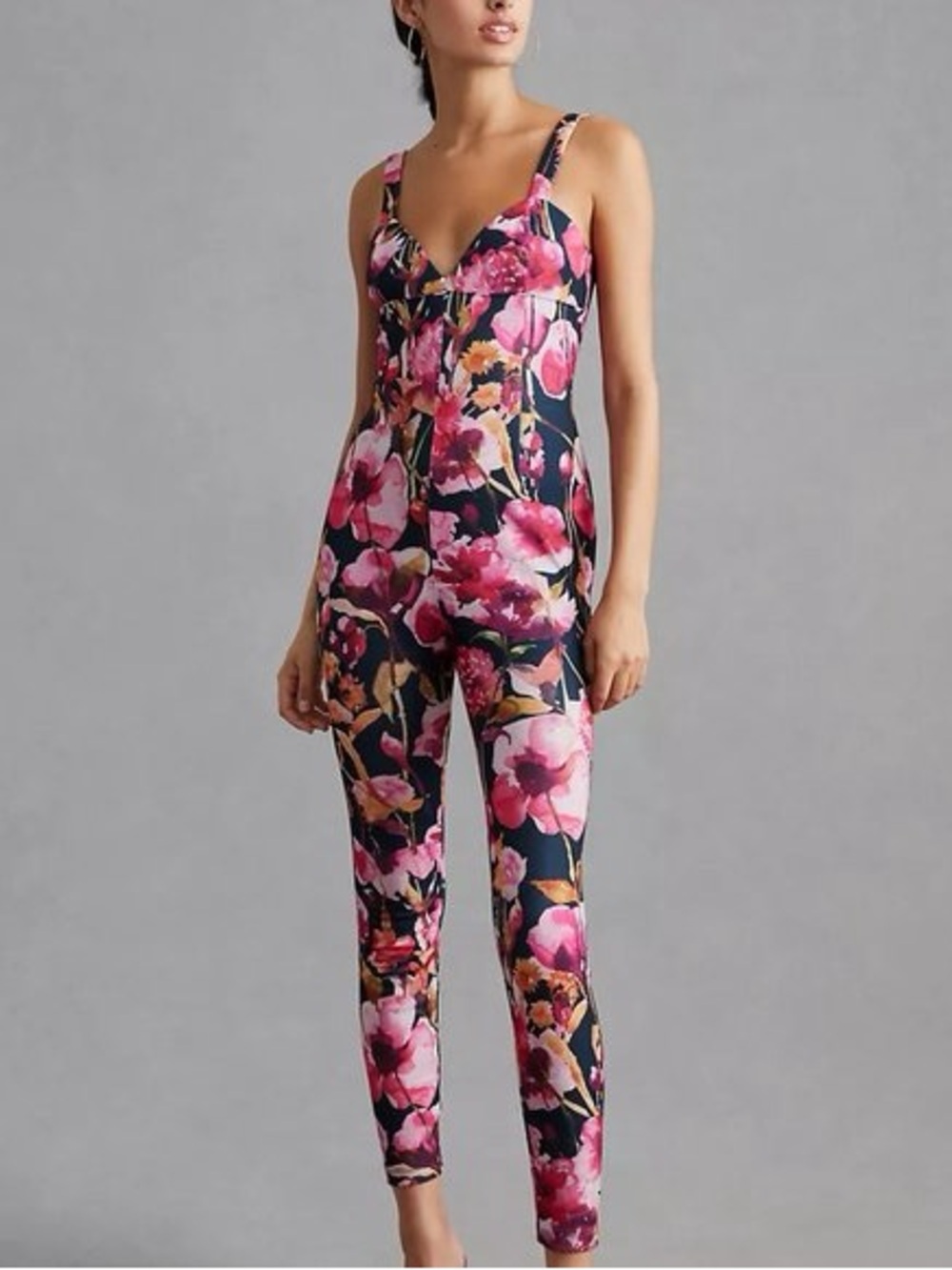 NWT Anthropologie Sweetheart Neck Floral Jumpsuit Pink/ black/ Green Size L